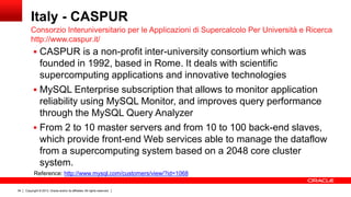 Copyright © 2013, Oracle and/or its affiliates. All rights reserved.34
Italy - CASPUR
 CASPUR is a non-profit inter-university consortium which was
founded in 1992, based in Rome. It deals with scientific
supercomputing applications and innovative technologies
 MySQL Enterprise subscription that allows to monitor application
reliability using MySQL Monitor, and improves query performance
through the MySQL Query Analyzer
 From 2 to 10 master servers and from 10 to 100 back-end slaves,
which provide front-end Web services able to manage the dataflow
from a supercomputing system based on a 2048 core cluster
system.
Consorzio Interuniversitario per le Applicazioni di Supercalcolo Per Università e Ricerca
http://www.caspur.it/
Reference: http://www.mysql.com/customers/view/?id=1068
 