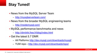 Copyright © 2013, Oracle and/or its affiliates. All rights reserved.39
Stay Tuned!
 News from the MySQL Server Team
– http://mysqlserverteam.com/
 News from the broader MySQL engineering teams
– http://insidemysql.com/
 MySQL performance benchmarks and news
– http://dimitrik.free.fr/blog/index.html
 Get the latest 5.7 DMR
– All Platforms http://dev.mysql.com/downloads/mysql/
– YUM repo - http://dev.mysql.com/downloads/repo/
 