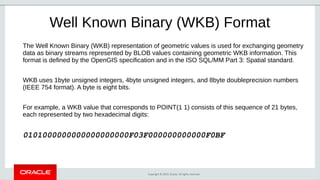 Copyright © 2019, Oracle. All rights reserved.
Well Known Binary (WKB) Format
The Well Known Binary (WKB) representation of geometric values is used for exchanging geometry
data as binary streams represented by BLOB values containing geometric WKB information. This
format is defined by the OpenGIS specification and in the ISO SQL/MM Part 3: Spatial standard.
WKB uses 1byte unsigned integers, 4byte unsigned integers, and 8byte doubleprecision numbers
(IEEE 754 format). A byte is eight bits.
For example, a WKB value that corresponds to POINT(1 1) consists of this sequence of 21 bytes,
each represented by two hexadecimal digits:
0101000000000000000000F03F000000000000F0BF
 