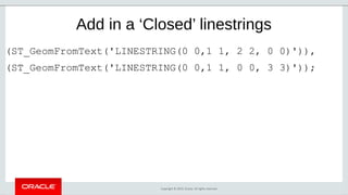 Copyright © 2019, Oracle. All rights reserved.
Add in a ‘Closed’ linestrings
(ST_GeomFromText('LINESTRING(0 0,1 1, 2 2, 0 0)')),
(ST_GeomFromText('LINESTRING(0 0,1 1, 0 0, 3 3)'));
 