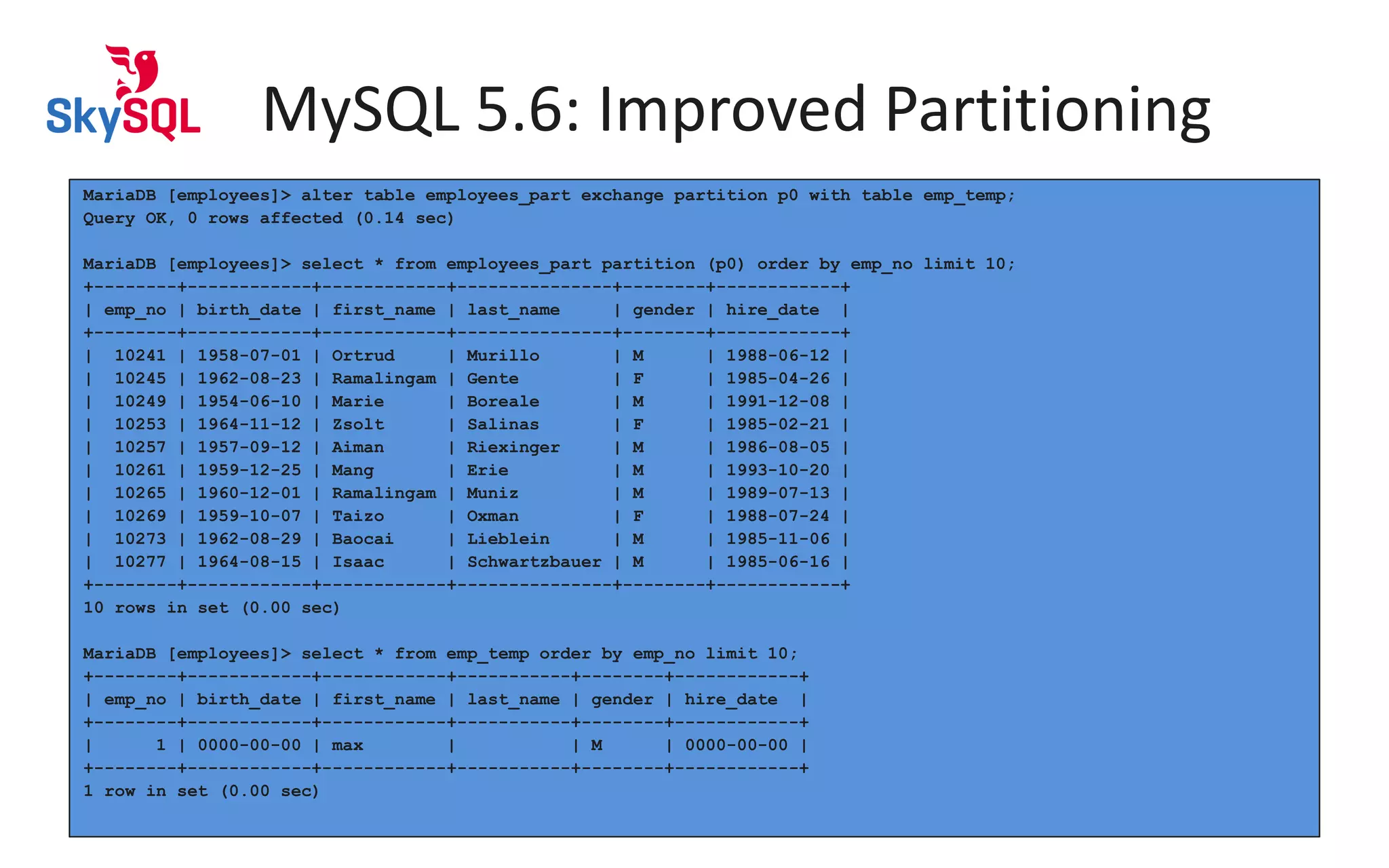 MySQL 5.6: Improved Partitioning
MariaDB [employees]> alter table employees_part exchange partition p0 with table emp_temp;
Query OK, 0 rows affected (0.14 sec)
MariaDB [employees]> select * from employees_part partition (p0) order by emp_no limit 10;
+--------+------------+------------+---------------+--------+------------+
| emp_no | birth_date | first_name | last_name | gender | hire_date |
+--------+------------+------------+---------------+--------+------------+
| 10241 | 1958-07-01 | Ortrud | Murillo | M | 1988-06-12 |
| 10245 | 1962-08-23 | Ramalingam | Gente | F | 1985-04-26 |
| 10249 | 1954-06-10 | Marie | Boreale | M | 1991-12-08 |
| 10253 | 1964-11-12 | Zsolt | Salinas | F | 1985-02-21 |
| 10257 | 1957-09-12 | Aiman | Riexinger | M | 1986-08-05 |
| 10261 | 1959-12-25 | Mang | Erie | M | 1993-10-20 |
| 10265 | 1960-12-01 | Ramalingam | Muniz | M | 1989-07-13 |
| 10269 | 1959-10-07 | Taizo | Oxman | F | 1988-07-24 |
| 10273 | 1962-08-29 | Baocai | Lieblein | M | 1985-11-06 |
| 10277 | 1964-08-15 | Isaac | Schwartzbauer | M | 1985-06-16 |
+--------+------------+------------+---------------+--------+------------+
10 rows in set (0.00 sec)
MariaDB [employees]> select * from emp_temp order by emp_no limit 10;
+--------+------------+------------+-----------+--------+------------+
| emp_no | birth_date | first_name | last_name | gender | hire_date |
+--------+------------+------------+-----------+--------+------------+
| 1 | 0000-00-00 | max | | M | 0000-00-00 |
+--------+------------+------------+-----------+--------+------------+
1 row in set (0.00 sec)
 