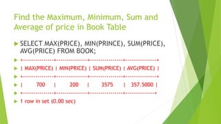 Find the Maximum, Minimum, Sum and
Average of price in Book Table
 SELECT MAX(PRICE), MIN(PRINCE), SUM(PRICE),
AVG(PRICE) FROM BOOK;
 +---------------+---------------+----------------+---------------+
 | MAX(PRICE) | MIN(PRICE) | SUM(PRICE) | AVG(PRICE) |
 +---------------+---------------+----------------+---------------+
 | 700 | 200 | 3575 | 357.5000 |
 +---------------+---------------+----------------+--------------+
 1 row in set (0.00 sec)
 