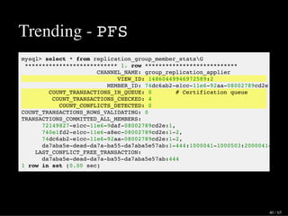 Trending - PFS
mysql> select * from replication_group_member_statsG
*************************** 1. row ***************************
CHANNEL_NAME: group_replication_applier
VIEW_ID: 14860449946972589:2
MEMBER_ID: 74dc6ab2-e1cc-11e6-92aa-08002789cd2e
COUNT_TRANSACTIONS_IN_QUEUE: 0 # Certification queue
COUNT_TRANSACTIONS_CHECKED: 4
COUNT_CONFLICTS_DETECTED: 0
COUNT_TRANSACTIONS_ROWS_VALIDATING: 0
TRANSACTIONS_COMMITTED_ALL_MEMBERS:
72149827-e1cc-11e6-9daf-08002789cd2e:1,
740e1fd2-e1cc-11e6-a8ec-08002789cd2e:1-2,
74dc6ab2-e1cc-11e6-92aa-08002789cd2e:1-2,
da7aba5e-dead-da7a-ba55-da7aba5e57ab:1-444:1000041-1000503:2000041-
LAST_CONFLICT_FREE_TRANSACTION:
da7aba5e-dead-da7a-ba55-da7aba5e57ab:444
1 row in set (0.00 sec)
40 / 65
 