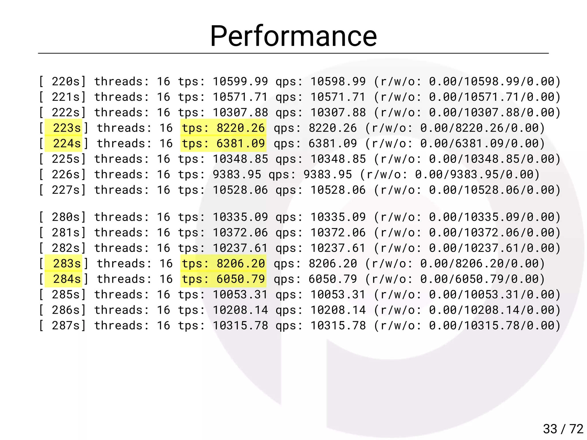 Performance
[ 220s] threads: 16 tps: 10599.99 qps: 10598.99 (r/w/o: 0.00/10598.99/0.00)
[ 221s] threads: 16 tps: 10571.71 qps: 10571.71 (r/w/o: 0.00/10571.71/0.00)
[ 222s] threads: 16 tps: 10307.88 qps: 10307.88 (r/w/o: 0.00/10307.88/0.00)
[ 223s] threads: 16 tps: 8220.26 qps: 8220.26 (r/w/o: 0.00/8220.26/0.00)
[ 224s] threads: 16 tps: 6381.09 qps: 6381.09 (r/w/o: 0.00/6381.09/0.00)
[ 225s] threads: 16 tps: 10348.85 qps: 10348.85 (r/w/o: 0.00/10348.85/0.00)
[ 226s] threads: 16 tps: 9383.95 qps: 9383.95 (r/w/o: 0.00/9383.95/0.00)
[ 227s] threads: 16 tps: 10528.06 qps: 10528.06 (r/w/o: 0.00/10528.06/0.00)
[ 280s] threads: 16 tps: 10335.09 qps: 10335.09 (r/w/o: 0.00/10335.09/0.00)
[ 281s] threads: 16 tps: 10372.06 qps: 10372.06 (r/w/o: 0.00/10372.06/0.00)
[ 282s] threads: 16 tps: 10237.61 qps: 10237.61 (r/w/o: 0.00/10237.61/0.00)
[ 283s] threads: 16 tps: 8206.20 qps: 8206.20 (r/w/o: 0.00/8206.20/0.00)
[ 284s] threads: 16 tps: 6050.79 qps: 6050.79 (r/w/o: 0.00/6050.79/0.00)
[ 285s] threads: 16 tps: 10053.31 qps: 10053.31 (r/w/o: 0.00/10053.31/0.00)
[ 286s] threads: 16 tps: 10208.14 qps: 10208.14 (r/w/o: 0.00/10208.14/0.00)
[ 287s] threads: 16 tps: 10315.78 qps: 10315.78 (r/w/o: 0.00/10315.78/0.00)
33 / 72
 