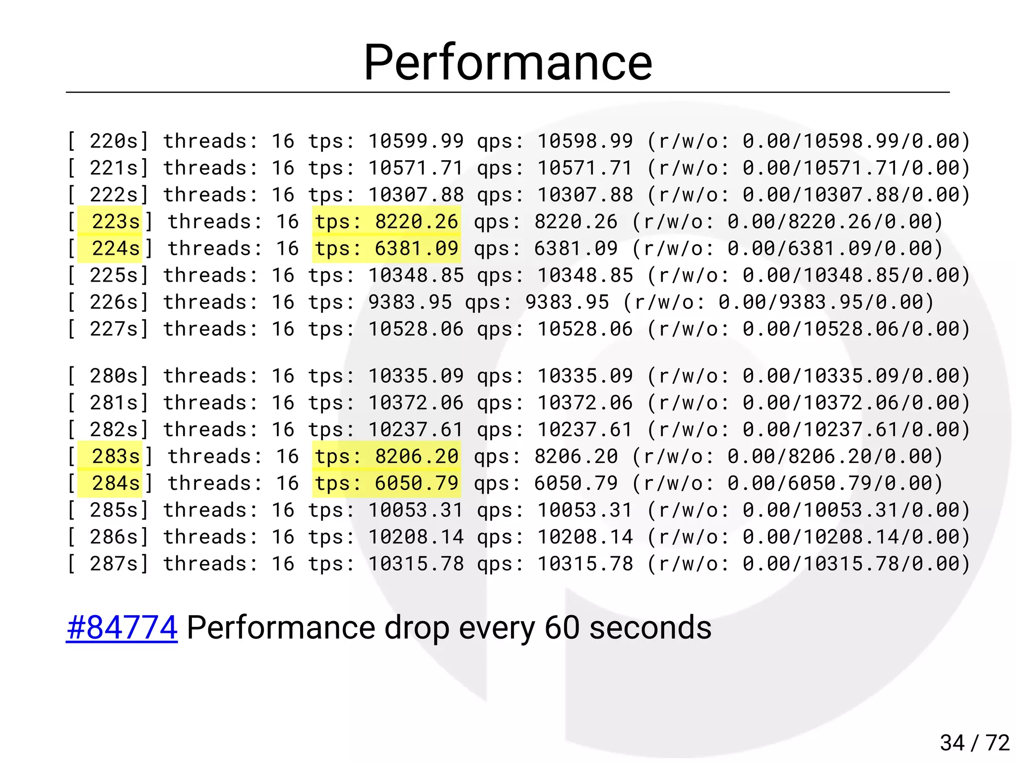Performance
[ 220s] threads: 16 tps: 10599.99 qps: 10598.99 (r/w/o: 0.00/10598.99/0.00)
[ 221s] threads: 16 tps: 10571.71 qps: 10571.71 (r/w/o: 0.00/10571.71/0.00)
[ 222s] threads: 16 tps: 10307.88 qps: 10307.88 (r/w/o: 0.00/10307.88/0.00)
[ 223s] threads: 16 tps: 8220.26 qps: 8220.26 (r/w/o: 0.00/8220.26/0.00)
[ 224s] threads: 16 tps: 6381.09 qps: 6381.09 (r/w/o: 0.00/6381.09/0.00)
[ 225s] threads: 16 tps: 10348.85 qps: 10348.85 (r/w/o: 0.00/10348.85/0.00)
[ 226s] threads: 16 tps: 9383.95 qps: 9383.95 (r/w/o: 0.00/9383.95/0.00)
[ 227s] threads: 16 tps: 10528.06 qps: 10528.06 (r/w/o: 0.00/10528.06/0.00)
[ 280s] threads: 16 tps: 10335.09 qps: 10335.09 (r/w/o: 0.00/10335.09/0.00)
[ 281s] threads: 16 tps: 10372.06 qps: 10372.06 (r/w/o: 0.00/10372.06/0.00)
[ 282s] threads: 16 tps: 10237.61 qps: 10237.61 (r/w/o: 0.00/10237.61/0.00)
[ 283s] threads: 16 tps: 8206.20 qps: 8206.20 (r/w/o: 0.00/8206.20/0.00)
[ 284s] threads: 16 tps: 6050.79 qps: 6050.79 (r/w/o: 0.00/6050.79/0.00)
[ 285s] threads: 16 tps: 10053.31 qps: 10053.31 (r/w/o: 0.00/10053.31/0.00)
[ 286s] threads: 16 tps: 10208.14 qps: 10208.14 (r/w/o: 0.00/10208.14/0.00)
[ 287s] threads: 16 tps: 10315.78 qps: 10315.78 (r/w/o: 0.00/10315.78/0.00)
#84774 Performance drop every 60 seconds
34 / 72
 