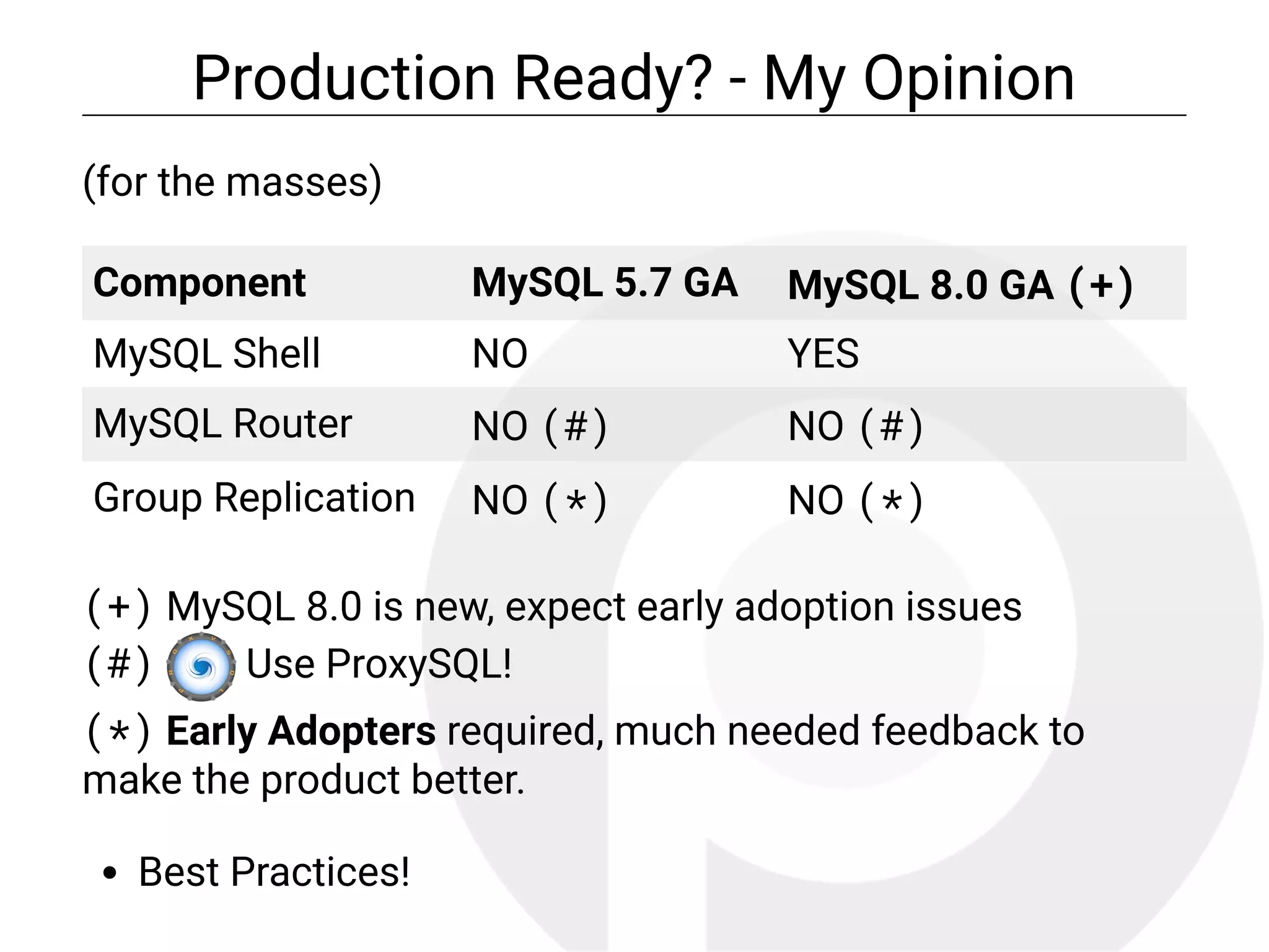 Production Ready? - My Opinion
(for the masses)
Component MySQL 5.7 GA MySQL 8.0 GA (+)
MySQL Shell NO YES
MySQL Router NO (#) NO (#)
Group Replication NO (*) NO (*)
(+) MySQL 8.0 is new, expect early adoption issues
(#) Use ProxySQL!
(*) Early Adopters required, much needed feedback to
make the product better.
Best Practices!
 