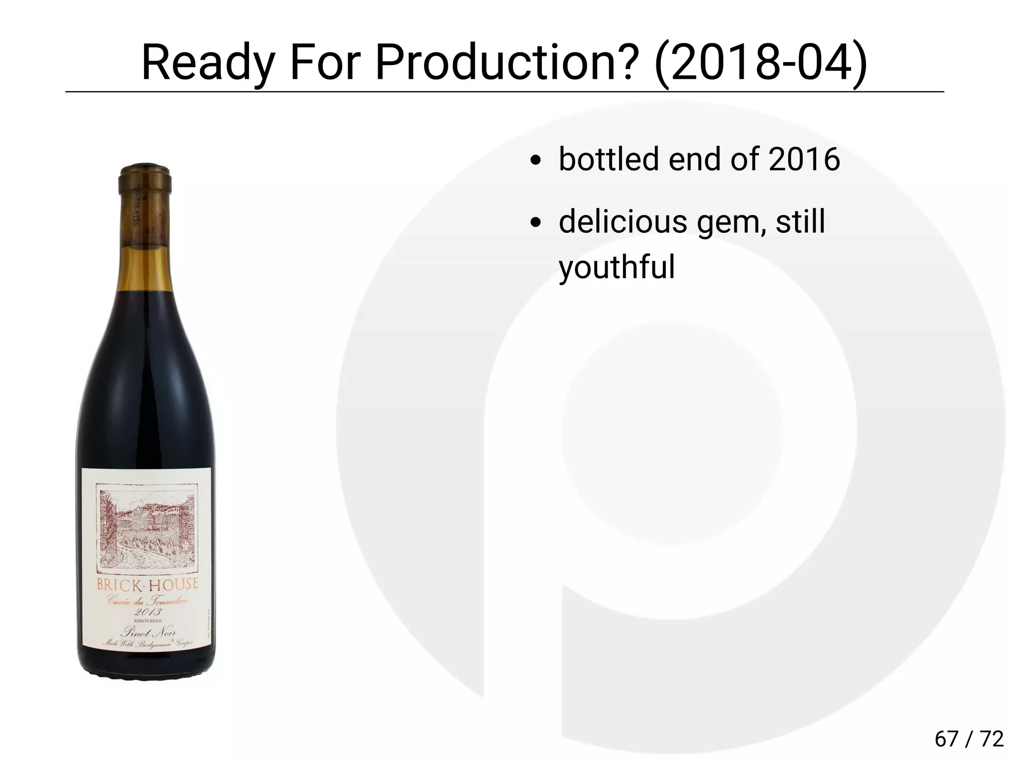 bottled end of 2016
delicious gem, still
youthful
Ready For Production? (2018-04)
67 / 72
 