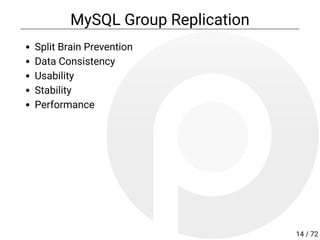MySQL Group Replication
Split Brain Prevention
Data Consistency
Usability
Stability
Performance
14 / 72
 
