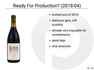 bottled end of 2016
delicious gem, still
youthful
already very enjoyable for
connoisseurs
great legs
nice structure
Ready For Production? (2018-04)
70 / 72
 