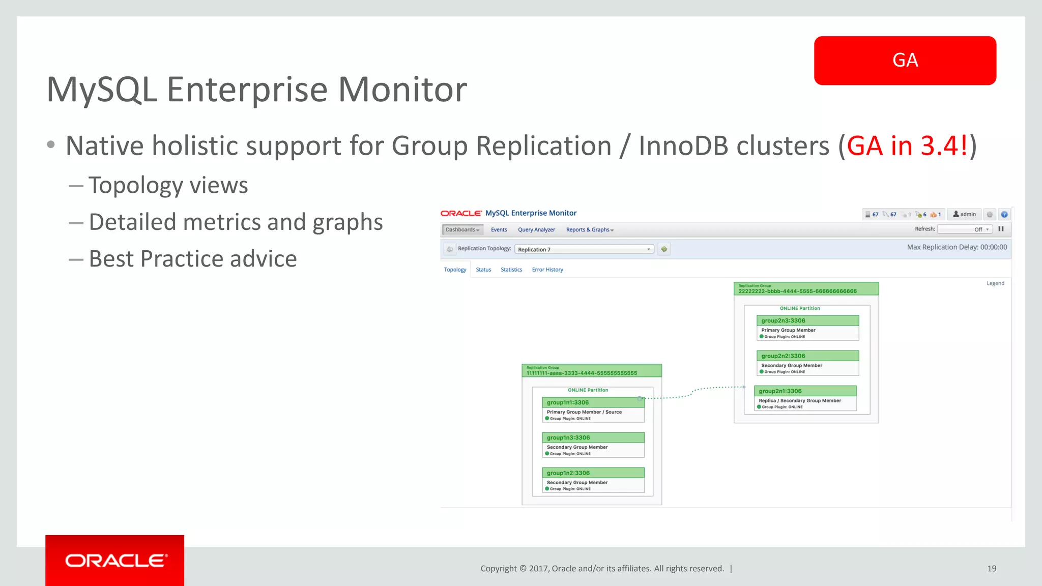 Copyright © 2017, Oracle and/or its affiliates. All rights reserved. | MySQL Enterprise Monitor • Native holistic support for Group Replication / InnoDB clusters (GA in 3.4!) – Topology views – Detailed metrics and graphs – Best Practice advice 19 GA 