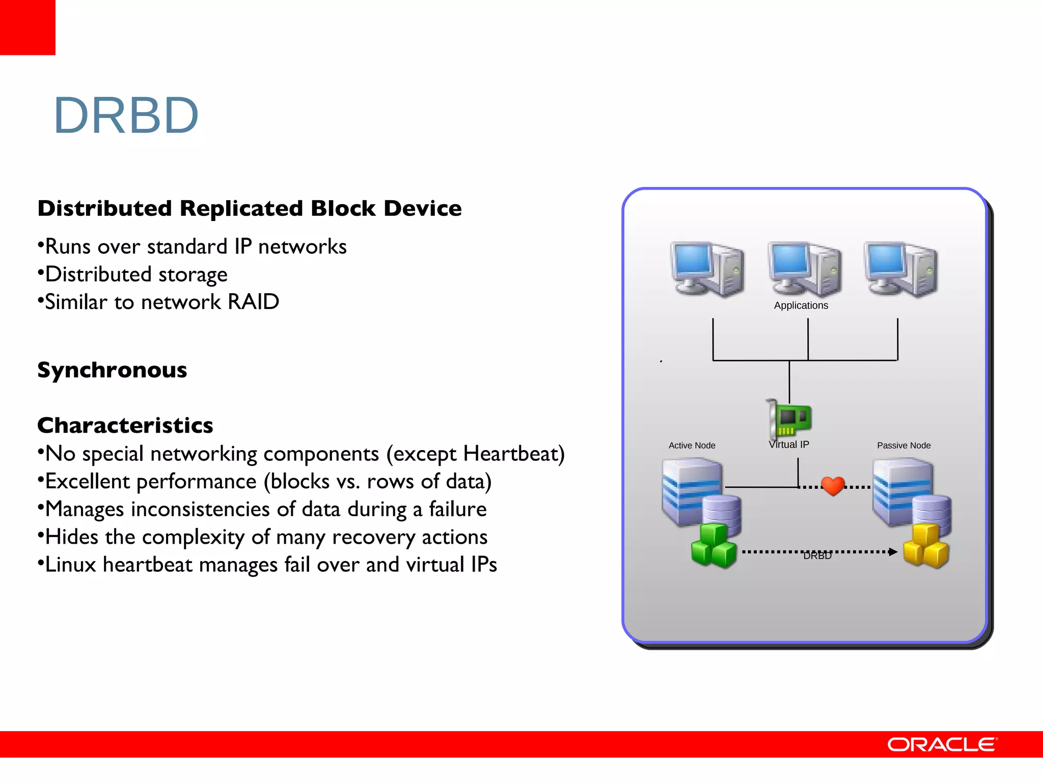 DRBD Distributed Replicated Block Device Runs over standard IP networks Distributed storage Similar to network RAID Synchronous Characteristics No special networking components (except Heartbeat) Excellent performance (blocks vs. rows of data) Manages inconsistencies of data during a failure Hides the complexity of many recovery actions Linux heartbeat manages fail over and virtual IPs Applications Virtual IP Active Node Passive Node DRBD 