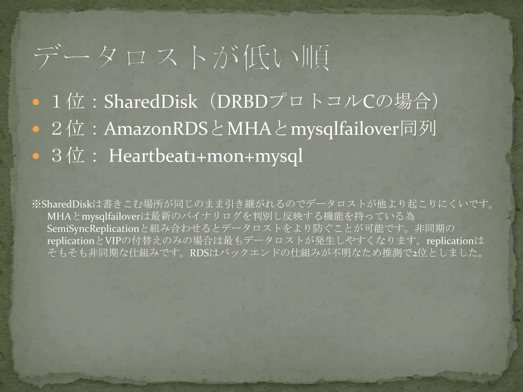  １位：SharedDisk（DRBDプロトコルCの場合）
 ２位：AmazonRDSとMHAとmysqlfailover同列
 ３位： Heartbeat1+mon+mysql
※SharedDiskは書きこむ場所が同じのまま引き継がれるのでデータロストが他より起こりにくいです。
MHAとmysqlfailoverは最新のバイナリログを判別し反映する機能を持っている為
SemiSyncReplicationと組み合わせるとデータロストをより防ぐことが可能です。非同期の
replicationとVIPの付替えのみの場合は最もデータロストが発生しやすくなります。replicationは
そもそも非同期な仕組みです。RDSはバックエンドの仕組みが不明なため推測で2位としました。
 