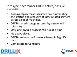 Corosync-pacemaker DRDB active/passive
High Availability
• Corosync/pacemaker cluster or a co-ordinating
the startup and recovery of inter-related services
across a set of machines.
• DRDB shared storage systems by networked
mirroring
• Only one mysqld process can run at a time
• No active slave.
• DRDB can have performance issues in high IO
load
• Complicate to Configure
 