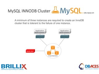 MySQL INNODB Cluster
A minimum of three instances are required to create an InnoDB
cluster that is tolerant to the failure of one instance.
 