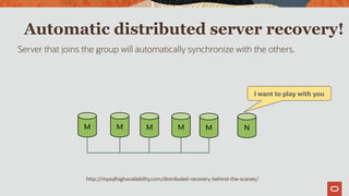 Automatic distributed server recovery!
Server that joins the group will automatically synchronize with the others.
M M M M M N
I want to play with you
http://mysqlhighavailability.com/distributed-recovery-behind-the-scenes/
 