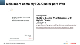 Copyright © 2014, Oracle and/or its affiliates. All rights reserved.116
Mais sobre como MySQL Cluster para Web
Whitepaper:
Guide to Scaling Web Databases with
MySQL Cluster
June 2013
mysql.com/why-mysql/white-papers/guide-to-
scaling-web-databases-with-mysql-cluster
 