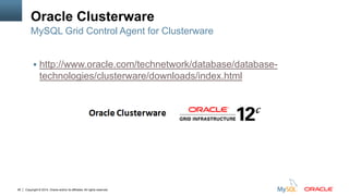 Copyright © 2014, Oracle and/or its affiliates. All rights reserved.26
 http://www.oracle.com/technetwork/database/database-
technologies/clusterware/downloads/index.html
MySQL Grid Control Agent for Clusterware
Oracle Clusterware
 