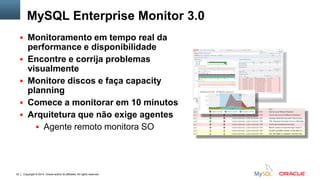 Copyright © 2014, Oracle and/or its affiliates. All rights reserved.32
MySQL Enterprise Monitor 3.0
 Monitoramento em tempo real da
performance e disponibilidade
 Encontre e corrija problemas
visualmente
 Monitore discos e faça capacity
planning
 Comece a monitorar em 10 minutos
 Arquitetura que não exige agentes
 Agente remoto monitora SO
 