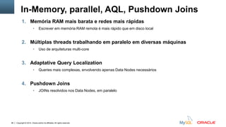Copyright © 2014, Oracle and/or its affiliates. All rights reserved.98
In-Memory, parallel, AQL, Pushdown Joins
1. Memória RAM mais barata e redes mais rápidas
• Escrever em memória RAM remota é mais rápido que em disco local
2. Múltiplas threads trabalhando em paralelo em diversas máquinas
• Uso de arquiteturas multi-core
3. Adaptative Query Localization
• Queries mais complexas, envolvendo apenas Data Nodes necessários
4. Pushdown Joins
• JOINs resolvidos nos Data Nodes, em paralelo
 