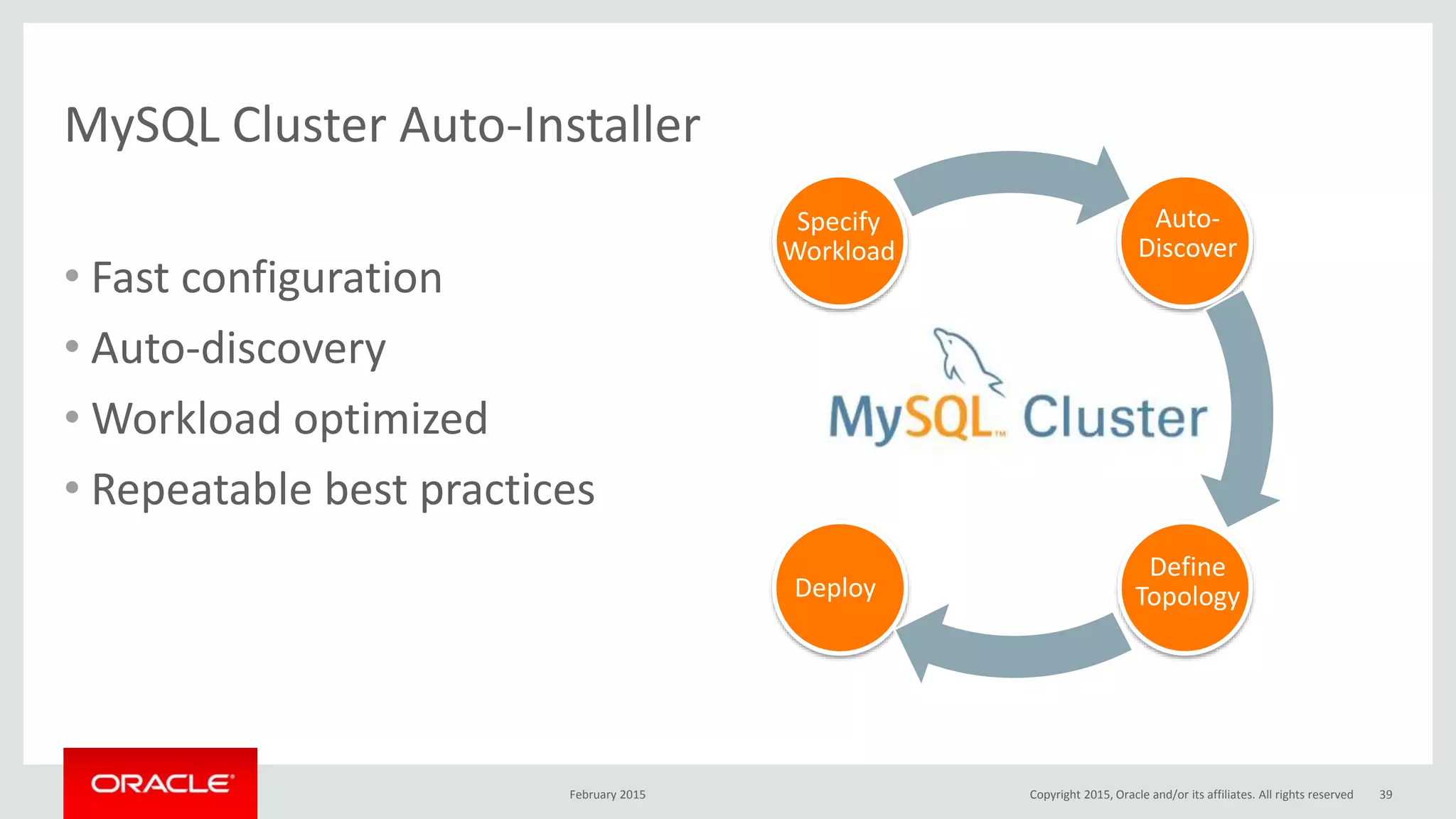 MySQL Cluster Auto-Installer
• Fast configuration
• Auto-discovery
• Workload optimized
• Repeatable best practices
Specify
Workload
Auto-
Discover
Define
TopologyDeploy
February 2015 Copyright 2015, Oracle and/or its affiliates. All rights reserved 39
 