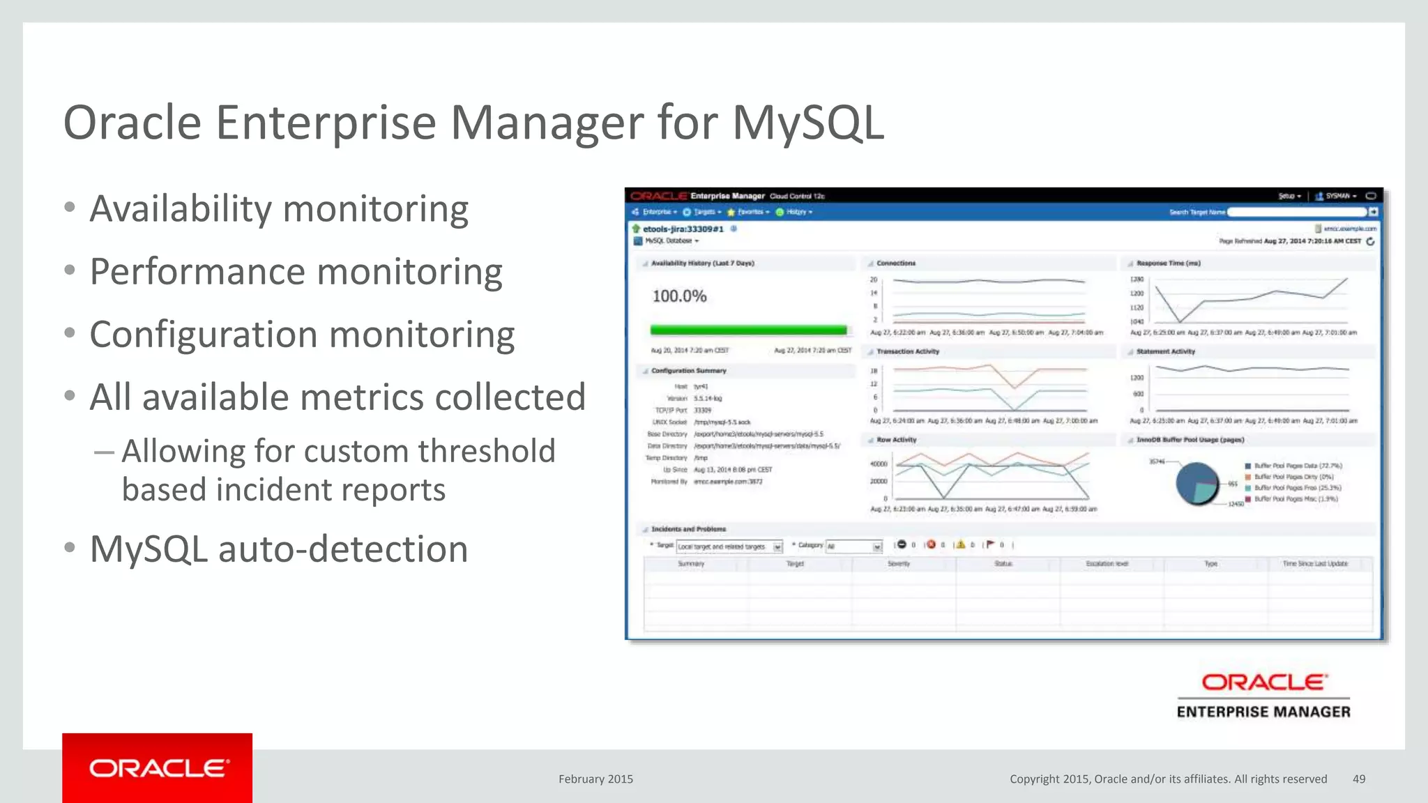 Oracle Enterprise Manager for MySQL
Performance
Security
Availability
• Availability monitoring
• Performance monitoring
• Configuration monitoring
• All available metrics collected
– Allowing for custom threshold
based incident reports
• MySQL auto-detection
February 2015 Copyright 2015, Oracle and/or its affiliates. All rights reserved 49
 