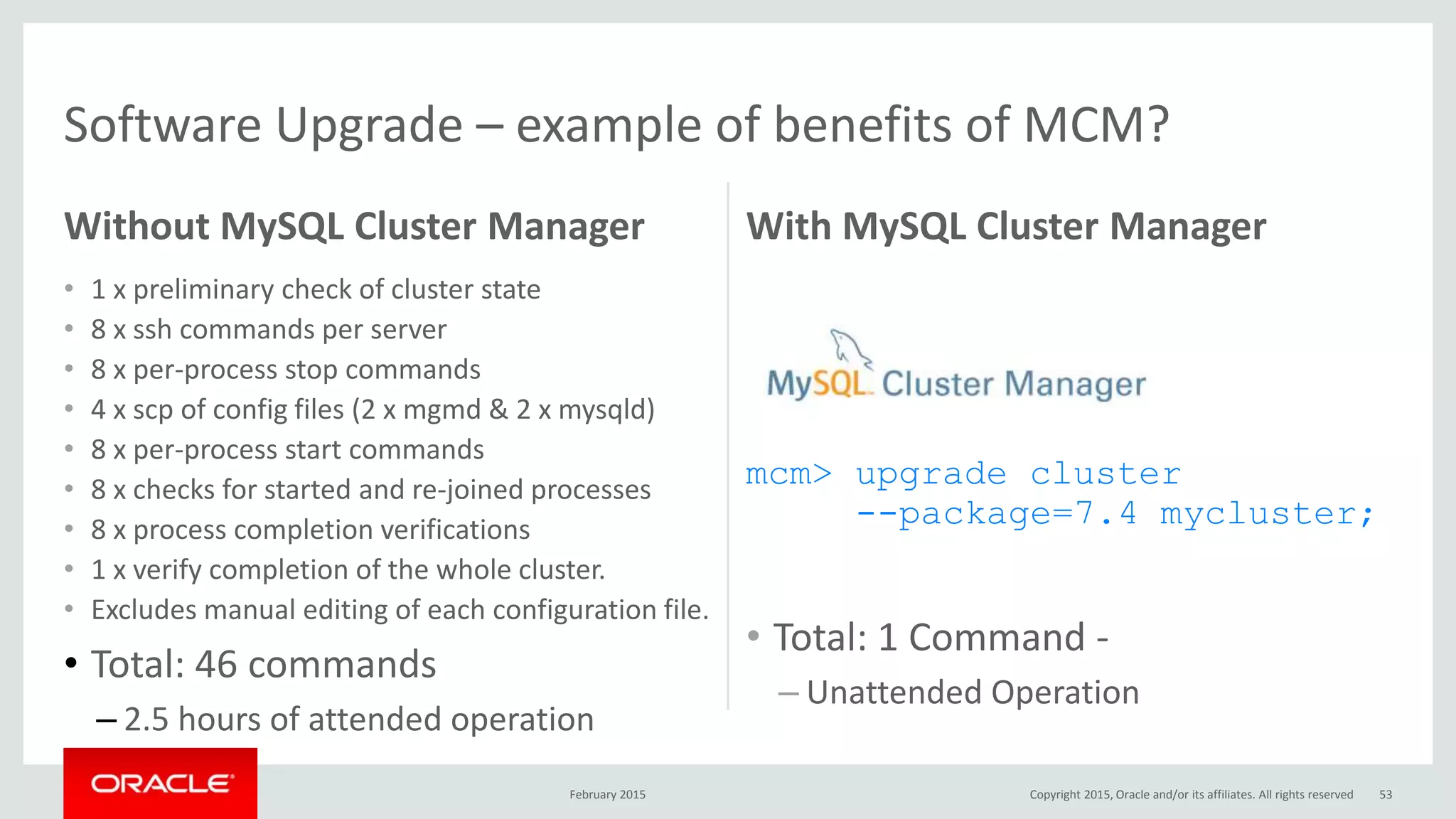 Without MySQL Cluster Manager
• 1 x preliminary check of cluster state
• 8 x ssh commands per server
• 8 x per-process stop commands
• 4 x scp of config files (2 x mgmd & 2 x mysqld)
• 8 x per-process start commands
• 8 x checks for started and re-joined processes
• 8 x process completion verifications
• 1 x verify completion of the whole cluster.
• Excludes manual editing of each configuration file.
• Total: 46 commands
– 2.5 hours of attended operation
With MySQL Cluster Manager
mcm> upgrade cluster
--package=7.4 mycluster;
• Total: 1 Command -
– Unattended Operation
Software Upgrade – example of benefits of MCM?
February 2015 Copyright 2015, Oracle and/or its affiliates. All rights reserved 53
 