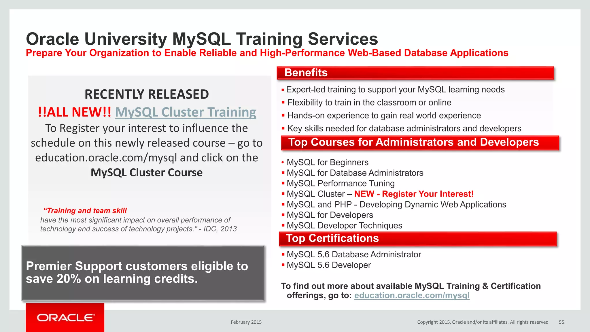 Oracle University MySQL Training Services
Prepare Your Organization to Enable Reliable and High-Performance Web-Based Database Applications
“Training and team skill
have the most significant impact on overall performance of
technology and success of technology projects.” - IDC, 2013
Premier Support customers eligible to
save 20% on learning credits.
Benefits
 Expert-led training to support your MySQL learning needs
 Flexibility to train in the classroom or online
 Hands-on experience to gain real world experience
 Key skills needed for database administrators and developers
• MySQL for Beginners
 MySQL for Database Administrators
 MySQL Performance Tuning
 MySQL Cluster – NEW - Register Your Interest!
 MySQL and PHP - Developing Dynamic Web Applications
 MySQL for Developers
 MySQL Developer Techniques
 MySQL 5.6 Database Administrator
 MySQL 5.6 Developer
To find out more about available MySQL Training & Certification
offerings, go to: education.oracle.com/mysql
Top Courses for Administrators and Developers
Top Certifications
RECENTLY RELEASED
!!ALL NEW!! MySQL Cluster Training
To Register your interest to influence the
schedule on this newly released course – go to
education.oracle.com/mysql and click on the
MySQL Cluster Course
February 2015 Copyright 2015, Oracle and/or its affiliates. All rights reserved 55
 