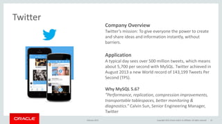 Company Overview
Twitter’s mission: To give everyone the power to create
and share ideas and information instantly, without
barriers.
Application
A typical day sees over 500 million tweets, which means
about 5,700 per second with MySQL. Twitter achieved in
August 2013 a new World record of 143,199 Tweets Per
Second (TPS).
Why MySQL 5.6?
“Performance, replication, compression improvements,
transportable tablespaces, better monitoring &
diagnostics.” Calvin Sun, Senior Engineering Manager,
Twitter
Twitter
February 2015 Copyright 2015, Oracle and/or its affiliates. All rights reserved 13
 