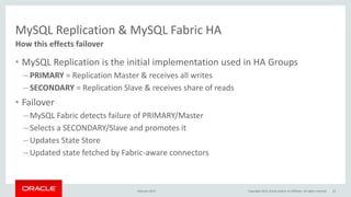 MySQL Replication & MySQL Fabric HA
• MySQL Replication is the initial implementation used in HA Groups
– PRIMARY = Replication Master & receives all writes
– SECONDARY = Replication Slave & receives share of reads
• Failover
– MySQL Fabric detects failure of PRIMARY/Master
– Selects a SECONDARY/Slave and promotes it
– Updates State Store
– Updated state fetched by Fabric-aware connectors
How this effects failover
February 2015 Copyright 2015, Oracle and/or its affiliates. All rights reserved 23
 