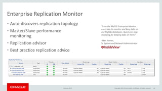 Enterprise Replication Monitor
• Auto-discovers replication topology
• Master/Slave performance
monitoring
• Replication advisor
• Best practice replication advice
"I use the MySQL Enterprise Monitor
every day to monitor and keep tabs on
our MySQL databases. Quick one stop
shopping for keeping tabs on them.”
-Wes Homer,
Sr System and Network Administrator
February 2015 Copyright 2015, Oracle and/or its affiliates. All rights reserved 46
 