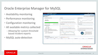 Oracle Enterprise Manager for MySQL
Performance
Security
Availability
• Availability monitoring
• Performance monitoring
• Configuration monitoring
• All available metrics collected
– Allowing for custom threshold
based incident reports
• MySQL auto-detection
February 2015 Copyright 2015, Oracle and/or its affiliates. All rights reserved 49
 