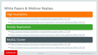 White Papers & Webinar Replays
February 2015
High Availability
• http://www.mysql.com/why-mysql/white-papers/#en-22-16
• http://www.mysql.com/news-and-events/on-demand-webinars/#en-20-16
MySQL Replication
• http://www.mysql.com/why-mysql/white-papers/#en-22-38
• http://www.mysql.com/news-and-events/on-demand-webinars/#en-20-38
MySQL Cluster
• http://www.mysql.com/why-mysql/white-papers/#en-22-28
• http://www.mysql.com/news-and-events/on-demand-webinars/#en-20-28
Copyright 2015, Oracle and/or its affiliates. All rights reserved 56
 