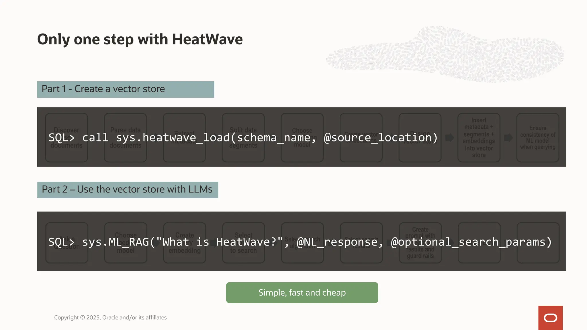 Only one step with HeatWave
Copyright © 2025, Oracle and/or its affiliates
Discover
user
documents
Parse data
from
documents
Extract
metadata
Split data
into
segments
Choose
embedding
model
Create vector
embeddings
Design
vector store
Insert
metadata +
segments +
embeddings
into vector
store
Ensure
consistency of
ML model
when querying
Part 1 - Create a vector store
Part 2 – Use the vector store with LLMs
Ask a
Question
Choose
embedding
model
Create
query
embedding
Select
Vector store
to search
Select search
algorithm
Select search
results
Create
prompt with
search
results and
guard rails
Select LLM Get Results
Simple, fast and cheap
SQL> call sys.heatwave_load(schema_name, @source_location)
SQL> sys.ML_RAG("What is HeatWave?", @NL_response, @optional_search_params)
 