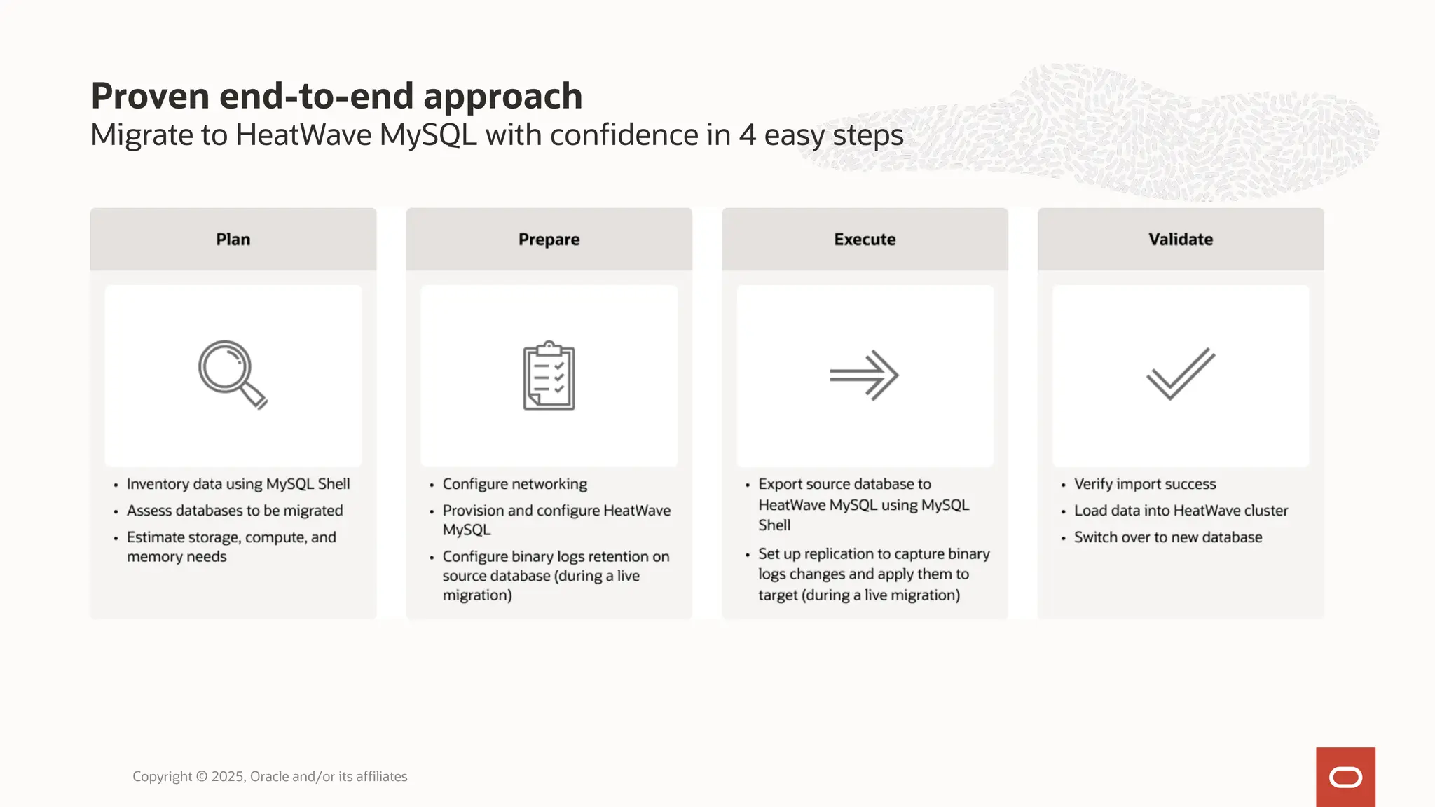 Migrate to HeatWave MySQL with confidence in 4 easy steps
Proven end-to-end approach
Copyright © 2025, Oracle and/or its affiliates
 