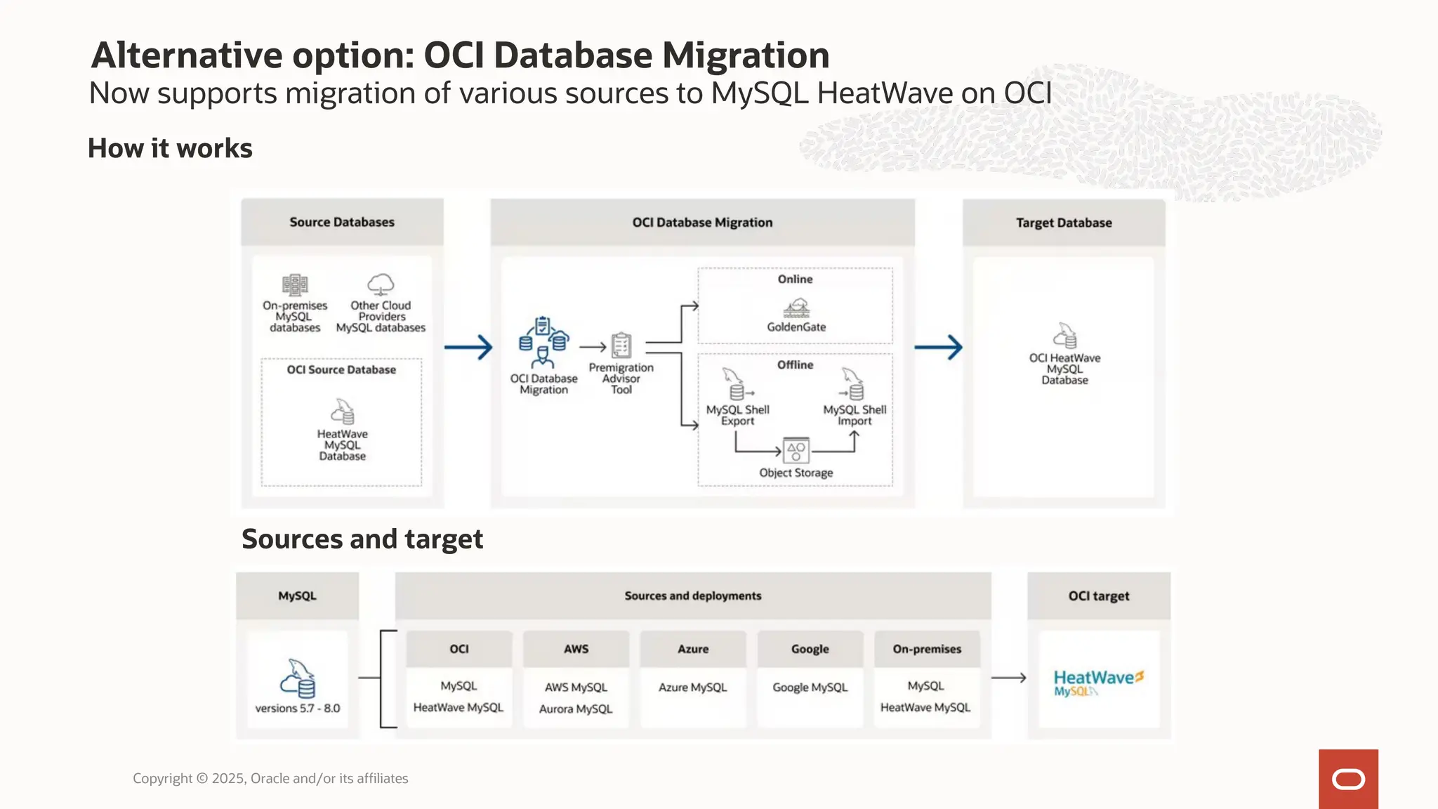 Now supports migration of various sources to MySQL HeatWave on OCI
Alternative option: OCI Database Migration
Copyright © 2025, Oracle and/or its affiliates
How it works
Sources and target
 