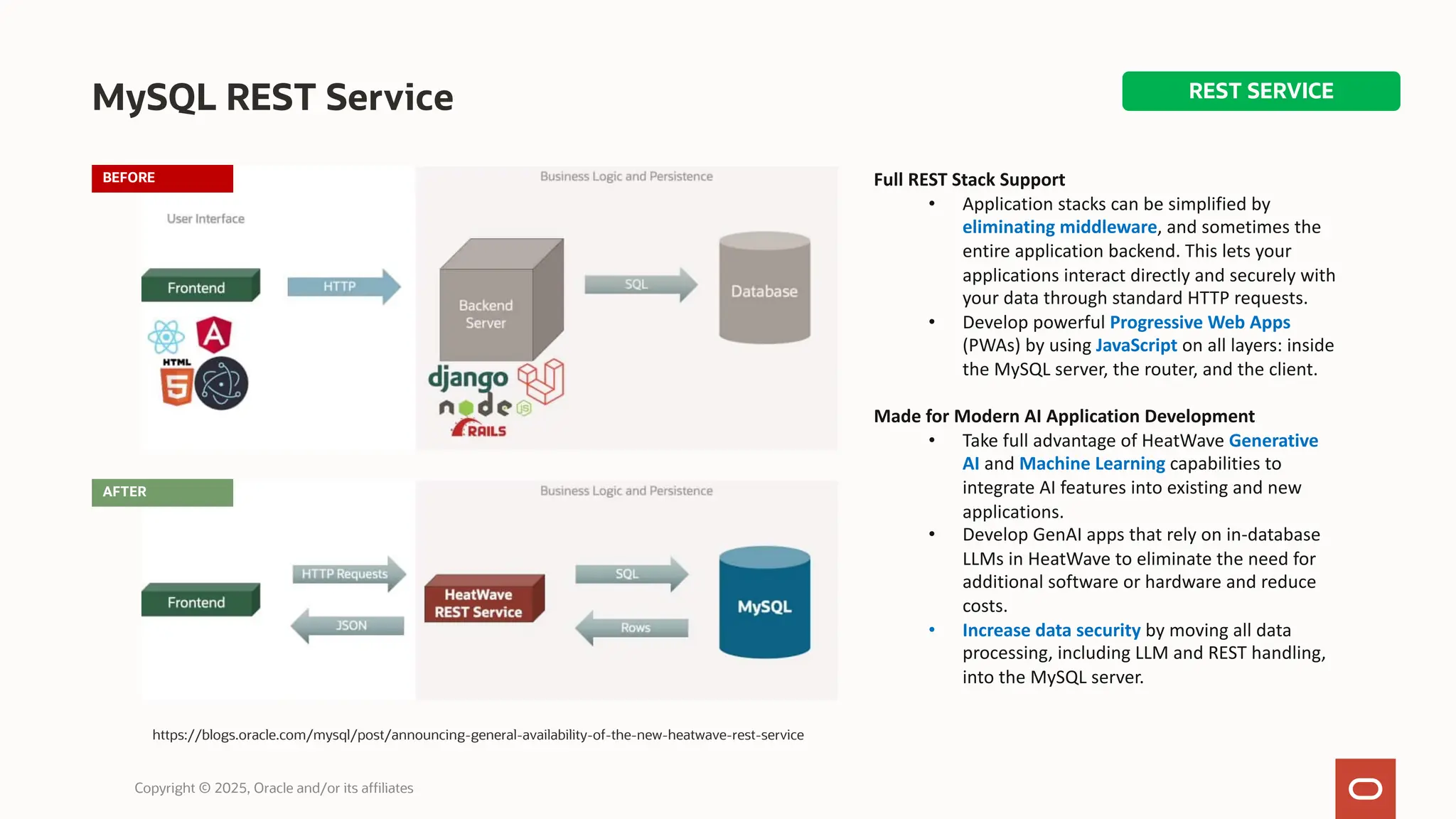 MySQL REST Service
Copyright © 2025, Oracle and/or its affiliates
https://blogs.oracle.com/mysql/post/announcing-general-availability-of-the-new-heatwave-rest-service
BEFORE
AFTER
Full REST Stack Support
• Application stacks can be simplified by
eliminating middleware, and sometimes the
entire application backend. This lets your
applications interact directly and securely with
your data through standard HTTP requests.
• Develop powerful Progressive Web Apps
(PWAs) by using JavaScript on all layers: inside
the MySQL server, the router, and the client.
Made for Modern AI Application Development
• Take full advantage of HeatWave Generative
AI and Machine Learning capabilities to
integrate AI features into existing and new
applications.
• Develop GenAI apps that rely on in-database
LLMs in HeatWave to eliminate the need for
additional software or hardware and reduce
costs.
• Increase data security by moving all data
processing, including LLM and REST handling,
into the MySQL server.
REST SERVICE
 