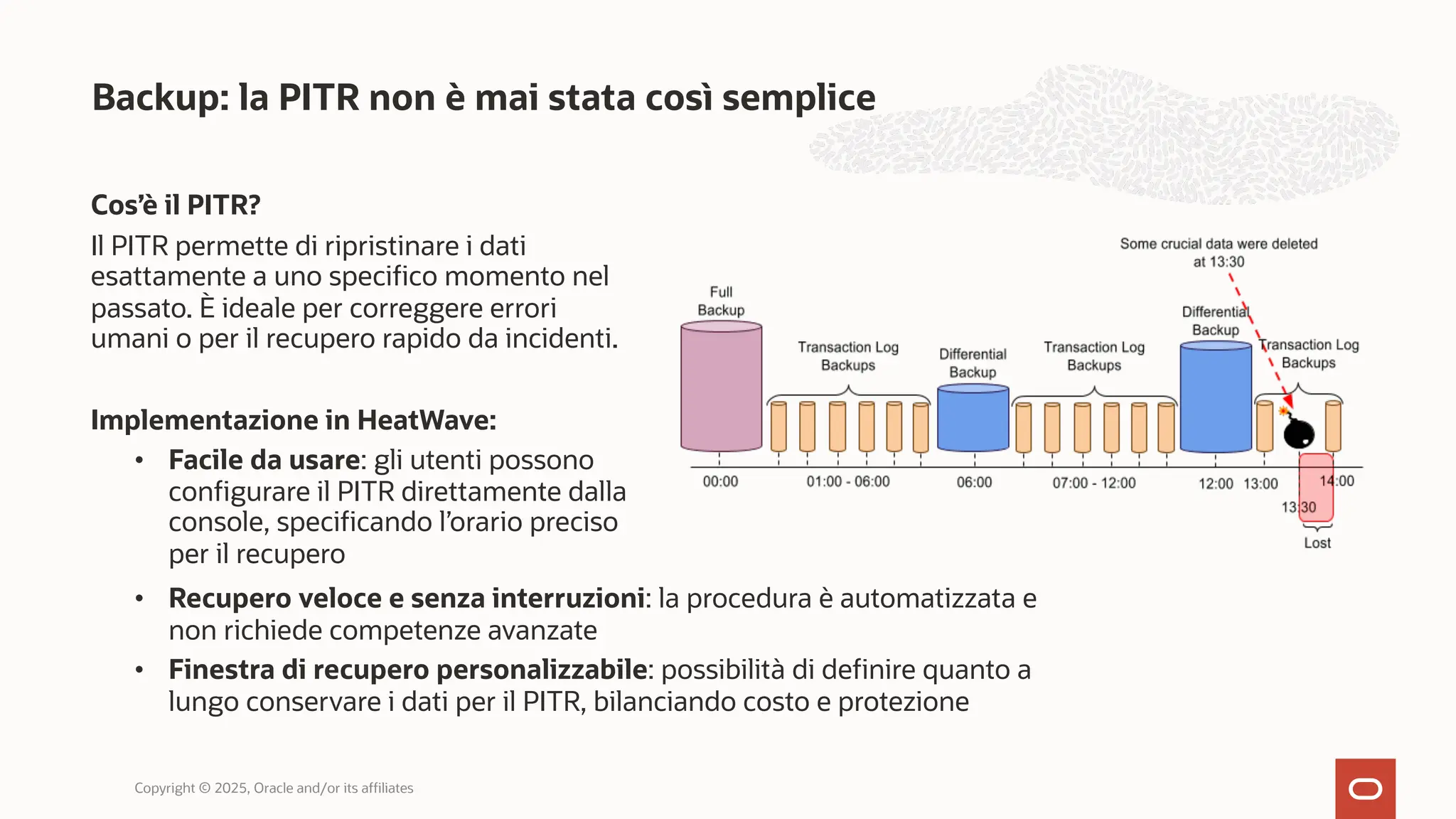 Backup: la PITR non è mai stata così semplice
Copyright © 2025, Oracle and/or its affiliates
• Recupero veloce e senza interruzioni: la procedura è automatizzata e
non richiede competenze avanzate
• Finestra di recupero personalizzabile: possibilità di definire quanto a
lungo conservare i dati per il PITR, bilanciando costo e protezione
Cos’è il PITR?
Il PITR permette di ripristinare i dati
esattamente a uno specifico momento nel
passato. È ideale per correggere errori
umani o per il recupero rapido da incidenti.
Implementazione in HeatWave:
• Facile da usare: gli utenti possono
configurare il PITR direttamente dalla
console, specificando l’orario preciso
per il recupero
 