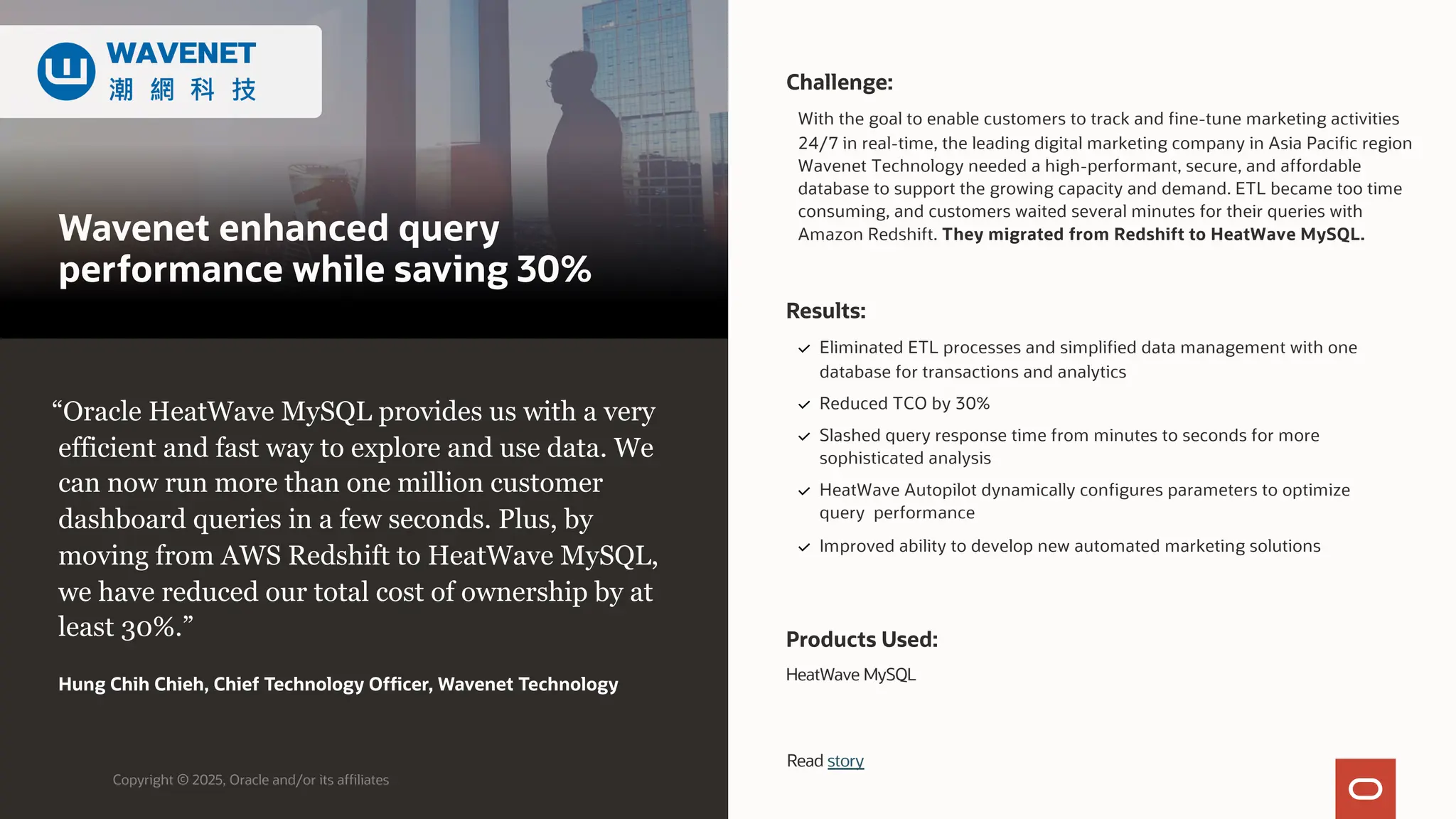 Wavenet enhanced query
performance while saving 30%
Challenge:
With the goal to enable customers to track and fine-tune marketing activities
24/7 in real-time, the leading digital marketing company in Asia Pacific region
Wavenet Technology needed a high-performant, secure, and affordable
database to support the growing capacity and demand. ETL became too time
consuming, and customers waited several minutes for their queries with
Amazon Redshift. They migrated from Redshift to HeatWave MySQL.
Products Used:
HeatWave MySQL
Copyright © 2025, Oracle and/or its affiliates
“Oracle HeatWave MySQL provides us with a very
efficient and fast way to explore and use data. We
can now run more than one million customer
dashboard queries in a few seconds. Plus, by
moving from AWS Redshift to HeatWave MySQL,
we have reduced our total cost of ownership by at
least 30%.”
Hung Chih Chieh, Chief Technology Officer, Wavenet Technology
Results:
Eliminated ETL processes and simplified data management with one
database for transactions and analytics
Reduced TCO by 30%
Slashed query response time from minutes to seconds for more
sophisticated analysis
HeatWave Autopilot dynamically configures parameters to optimize
query performance
Improved ability to develop new automated marketing solutions
Read story
 