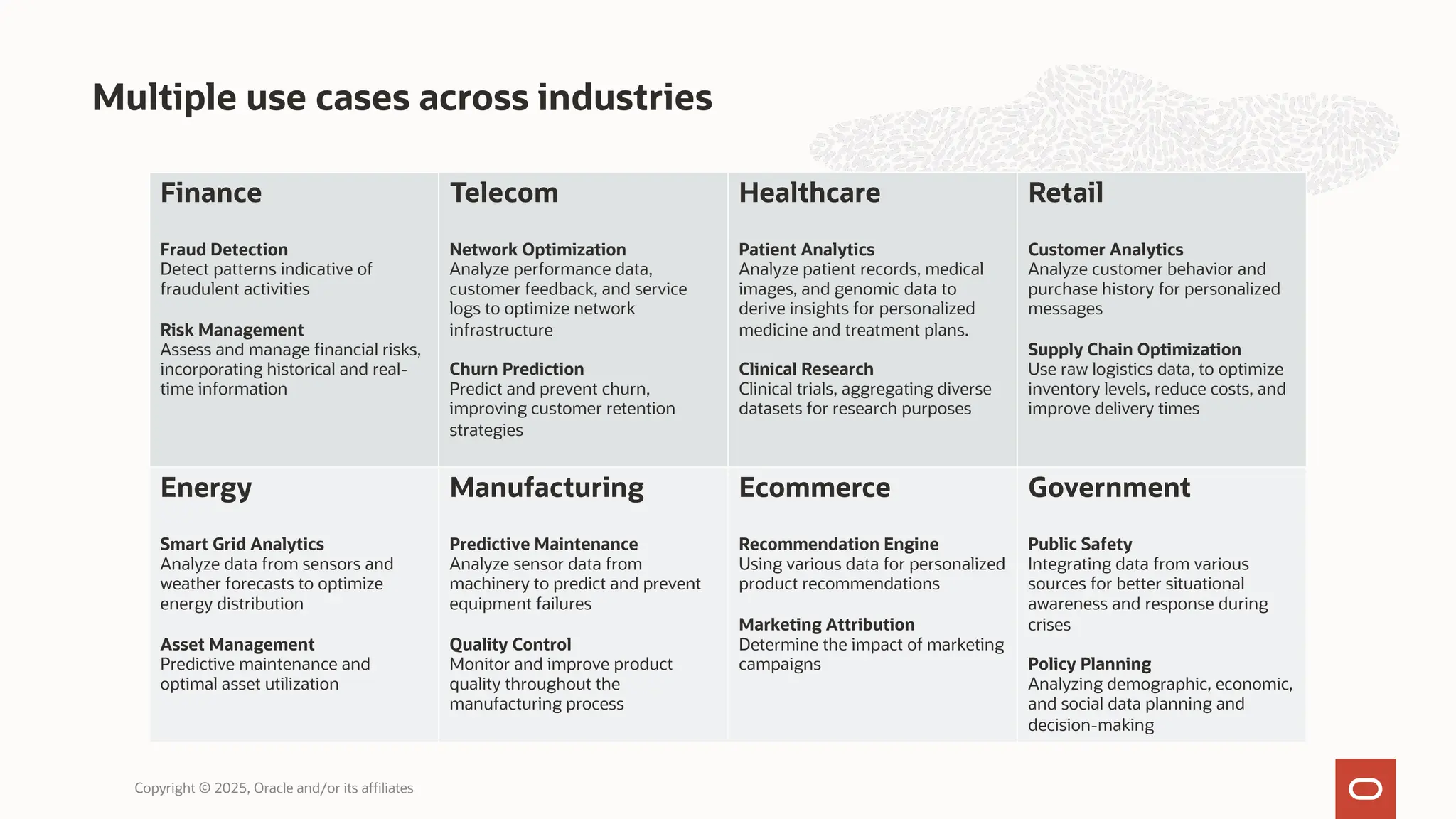 Multiple use cases across industries
Copyright © 2025, Oracle and/or its affiliates
Finance
Fraud Detection
Detect patterns indicative of
fraudulent activities
Risk Management
Assess and manage financial risks,
incorporating historical and real-
time information
Telecom
Network Optimization
Analyze performance data,
customer feedback, and service
logs to optimize network
infrastructure
Churn Prediction
Predict and prevent churn,
improving customer retention
strategies
Healthcare
Patient Analytics
Analyze patient records, medical
images, and genomic data to
derive insights for personalized
medicine and treatment plans.
Clinical Research
Clinical trials, aggregating diverse
datasets for research purposes
Retail
Customer Analytics
Analyze customer behavior and
purchase history for personalized
messages
Supply Chain Optimization
Use raw logistics data, to optimize
inventory levels, reduce costs, and
improve delivery times
Energy
Smart Grid Analytics
Analyze data from sensors and
weather forecasts to optimize
energy distribution
Asset Management
Predictive maintenance and
optimal asset utilization
Manufacturing
Predictive Maintenance
Analyze sensor data from
machinery to predict and prevent
equipment failures
Quality Control
Monitor and improve product
quality throughout the
manufacturing process
Ecommerce
Recommendation Engine
Using various data for personalized
product recommendations
Marketing Attribution
Determine the impact of marketing
campaigns
Government
Public Safety
Integrating data from various
sources for better situational
awareness and response during
crises
Policy Planning
Analyzing demographic, economic,
and social data planning and
decision-making
 
