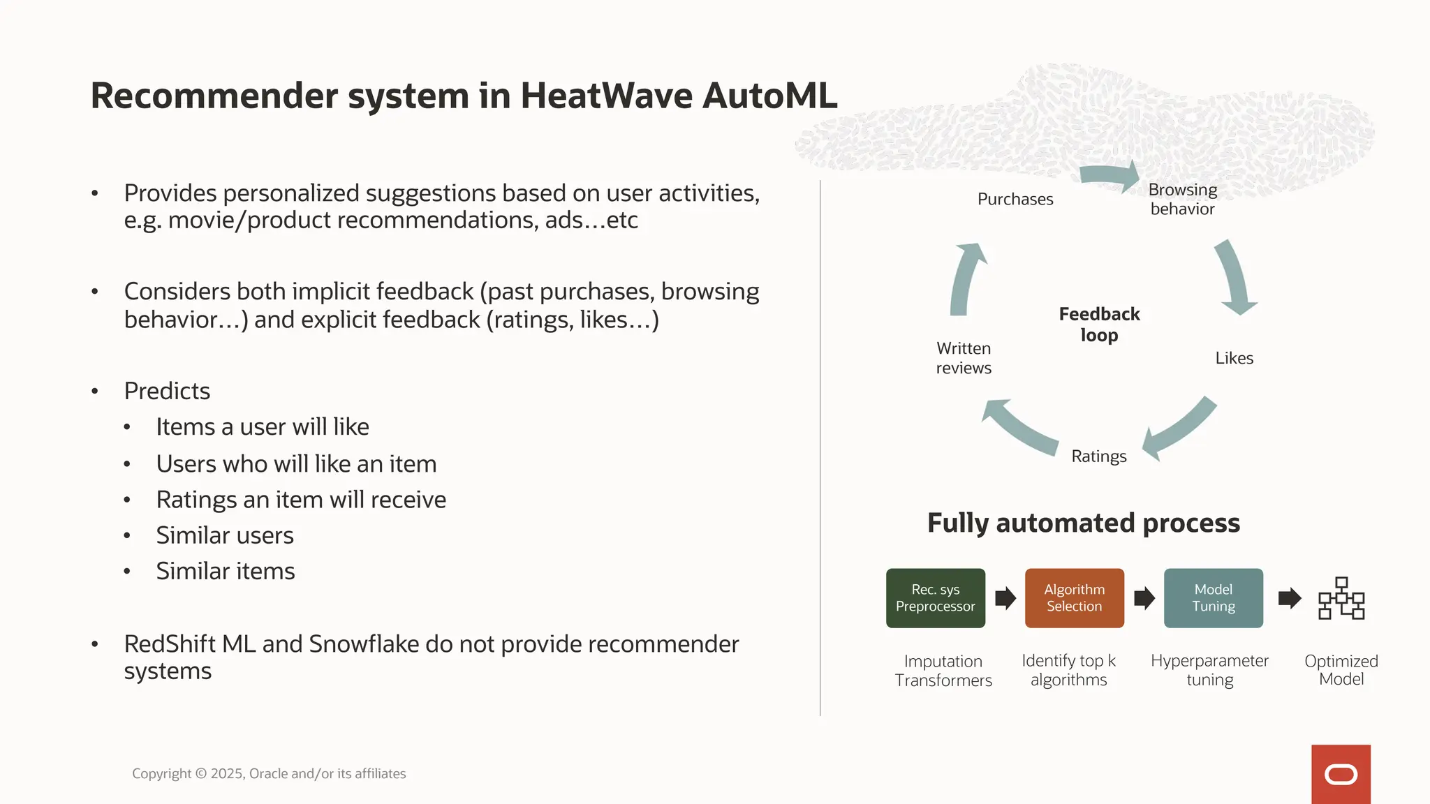 • Provides personalized suggestions based on user activities,
e.g. movie/product recommendations, ads…etc
• Considers both implicit feedback (past purchases, browsing
behavior…) and explicit feedback (ratings, likes…)
• Predicts
• Items a user will like
• Users who will like an item
• Ratings an item will receive
• Similar users
• Similar items
• RedShift ML and Snowflake do not provide recommender
systems
Recommender system in HeatWave AutoML
Copyright © 2025, Oracle and/or its affiliates
Browsing
behavior
Likes
Ratings
Written
reviews
Purchases
Feedback
loop
Fully automated process
Rec. sys
Preprocessor
Algorithm
Selection
Model
Tuning
Identify top k
algorithms
Hyperparameter
tuning
Optimized
Model
Imputation
Transformers
 