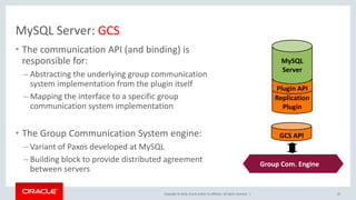Copyright © 2016, Oracle and/or its affiliates. All rights reserved. |
MySQL Server: GCS
• The communication API (and binding) is
responsible for:
– Abstracting the underlying group communication
system implementation from the plugin itself
– Mapping the interface to a specific group
communication system implementation
• The Group Communication System engine:
– Variant of Paxos developed at MySQL
– Building block to provide distributed agreement
between servers
25
GCS API
Replication
Plugin
Plugin API
MySQL
Server
Group Comm.
System (Corosync)
Group Com. Engine
 