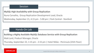 Copyright © 2016, Oracle and/or its affiliates. All rights reserved. |
MySQL High Availability with Group Replication
Nuno Carvalho, Group Replication Development Lead, Oracle
Wednesday, September 21, 4:15 pm - 5:00 pm | Park Central - Stanford
Building a Highly Available MySQL Database Service with Group Replication
Matt Lord, Product Manager, Oracle
Thursday, September 22, 1:15 pm - 2:15 pm | Hotel Nikko - Peninsula (25th Floor)
Session
Hands-On Lab
26
 