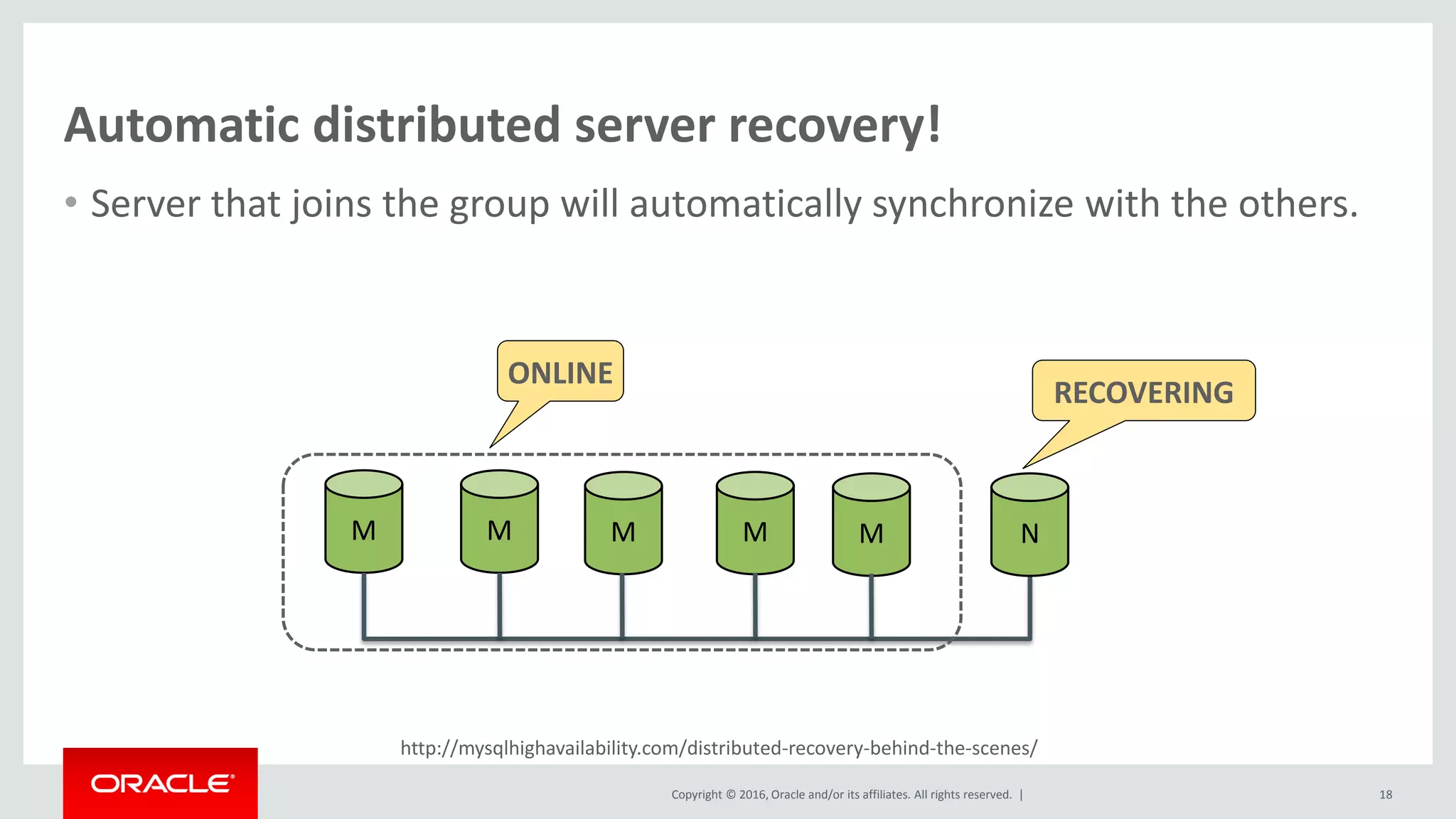 Copyright © 2016, Oracle and/or its affiliates. All rights reserved. |
http://mysqlhighavailability.com/distributed-recovery-behind-the-scenes/
Automatic distributed server recovery!
• Server that joins the group will automatically synchronize with the others.
18
M M M M M N
ONLINE
RECOVERING
 