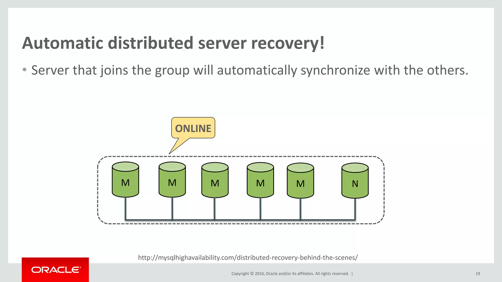 Copyright © 2016, Oracle and/or its affiliates. All rights reserved. |
http://mysqlhighavailability.com/distributed-recovery-behind-the-scenes/
Automatic distributed server recovery!
• Server that joins the group will automatically synchronize with the others.
19
M M M M M N
ONLINE
 