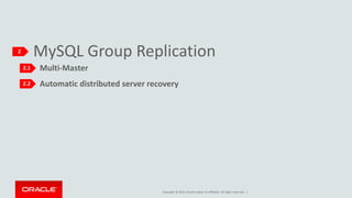 Copyright © 2016, Oracle and/or its affiliates. All rights reserved. |
MySQL Group Replication2
2.1
2.2
Multi-Master
Automatic distributed server recovery
 