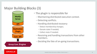 Copyright © 2016, Oracle and/or its affiliates. All rights reserved. |
Major Building Blocks (3)
• The plugin is responsible for
– Maintaining distributed execution context.
– Detecting conflicts.
– Handling distributed recovery:
• Detect membership changes;
• Donate state if needed;
• Collect state if needed.
– Receiving and handling transactions from other
members.
– Deciding the fate of on-going transactions.
58
Com. API
Replication
Plugin
API
MySQL
Server
Group Comm.
System (Corosync)
Group Com. Engine
 