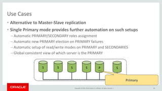 Copyright © 2016, Oracle and/or its affiliates. All rights reserved. |
Use Cases
• Alternative to Master-Slave replication
• Single Primary mode provides further automation on such setups
– Automatic PRIMARY/SECONDARY roles assignment
– Automatic new PRIMARY election on PRIMARY failures
– Automatic setup of read/write modes on PRIMARY and SECONDARIES
– Global consistent view of which server is the PRIMARY
66
S S S S P S
Primary
 