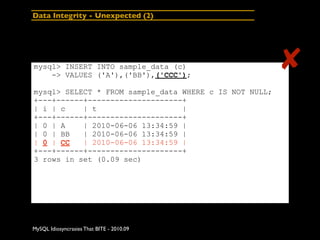 Data Integrity - Unexpected (2)




mysql> INSERT INTO sample_data (c)
    -> VALUES ('A'),('BB'),('CCC');
               ...