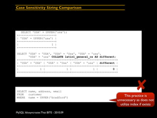 Case Sensitivity String Comparison




  SELECT 'USA' = UPPER('usa');
+----------------------+
| 'USA' = UPPER('usa') |
+-...