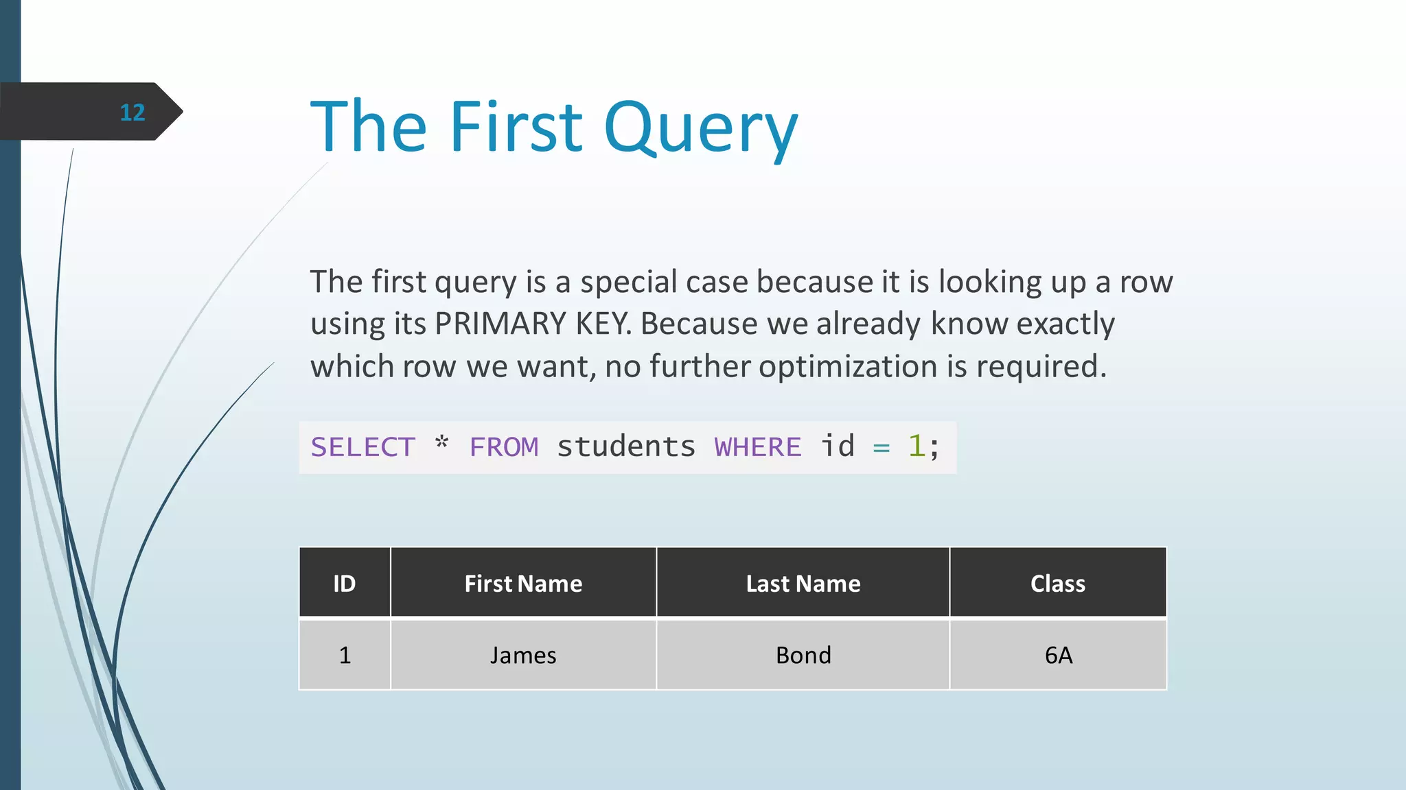 The First Query
The first query is a special case because it is looking up a row
using its PRIMARY KEY. Because we already know exactly
which row we want, no further optimization is required.
SELECT * FROM students WHERE id = 1;
12
ID First Name Last Name Class
1 James Bond 6A
 